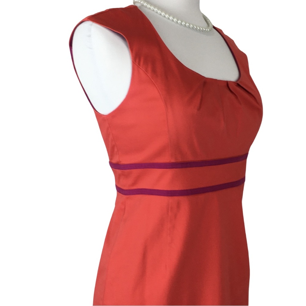 Boden Coral Peach with Fuchsia Ribbon Detail Sleeve Sheath Midi Dress size 8 - Picture 5 of 15